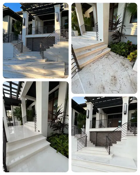 Four photo collage of white stone entry steps, debris covered in the top two photos and clean and glossy in the bottom two