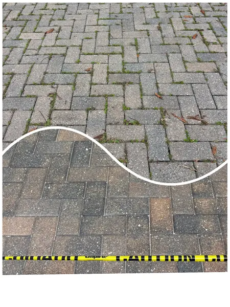 Wavy divider collage: gray herringbone pavers with weedy joints above, cleaned pavers with fresh white joints below