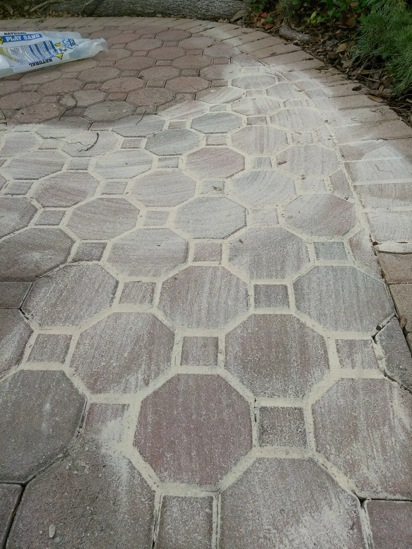 The same octagon paver walkway with the pavers laid again and sand still on the surface
