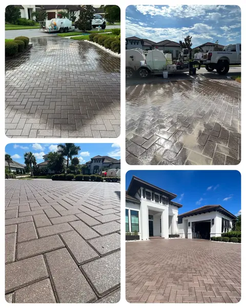 Four photo grid of a herringbone driveway: wet during cleaning with a work truck and trailer, then dry results and a home