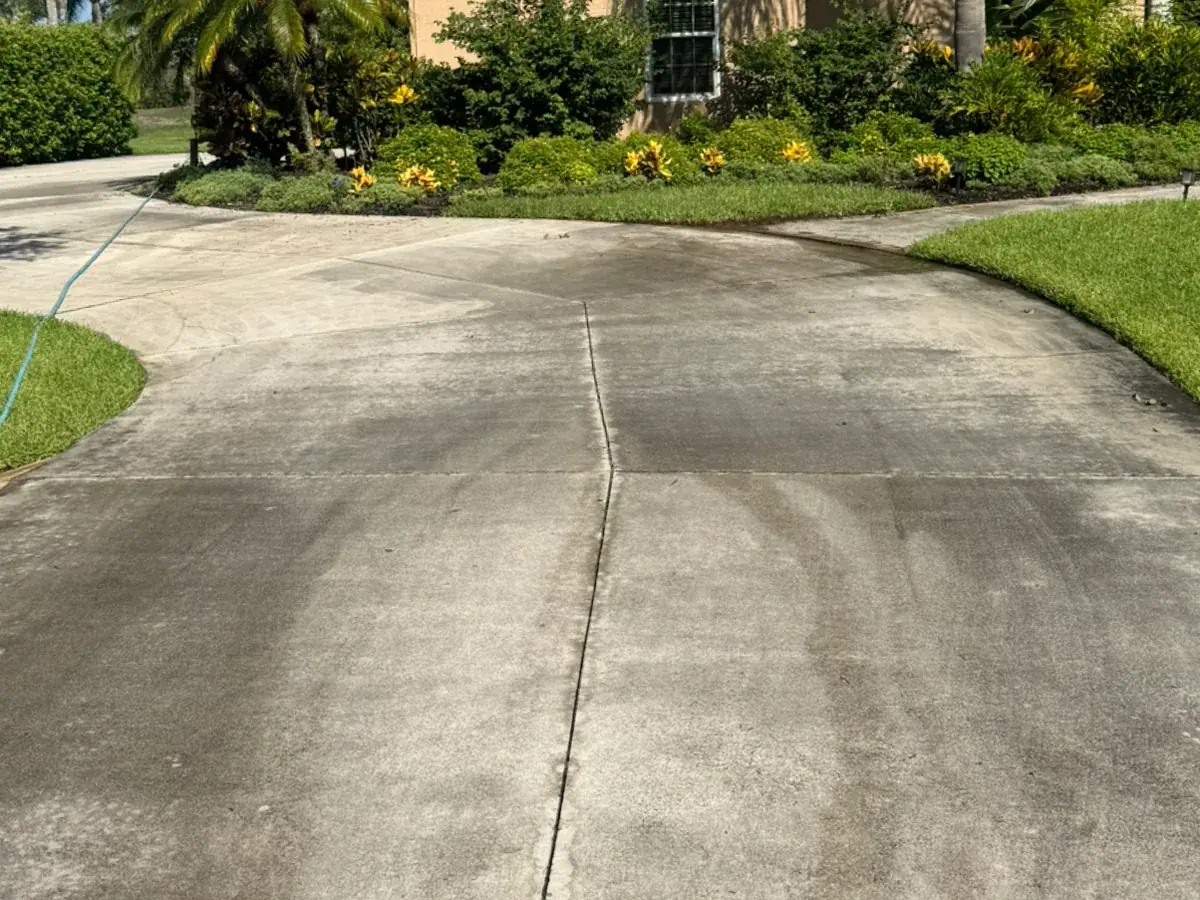 A curving concrete driveway dark with stains and tire marks